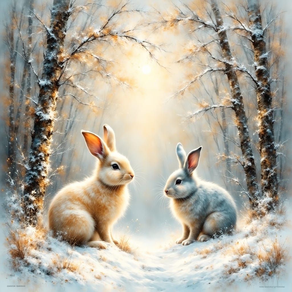 Cute Rabbits in Winter Forest Watercolour