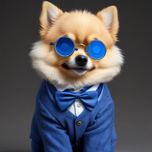 A Pomeranian wearing a blue gear monocle