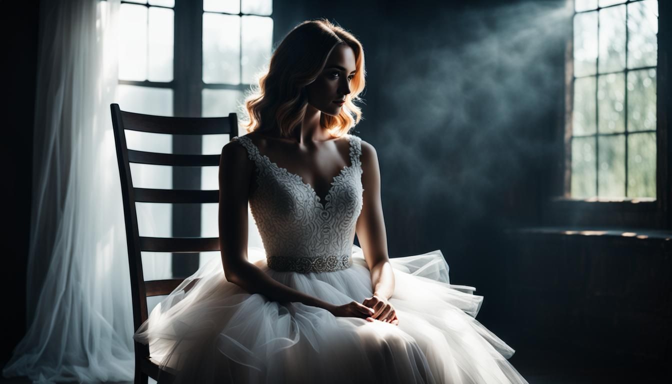 Woman in White Dress in Dark Room, Bokeh Photography