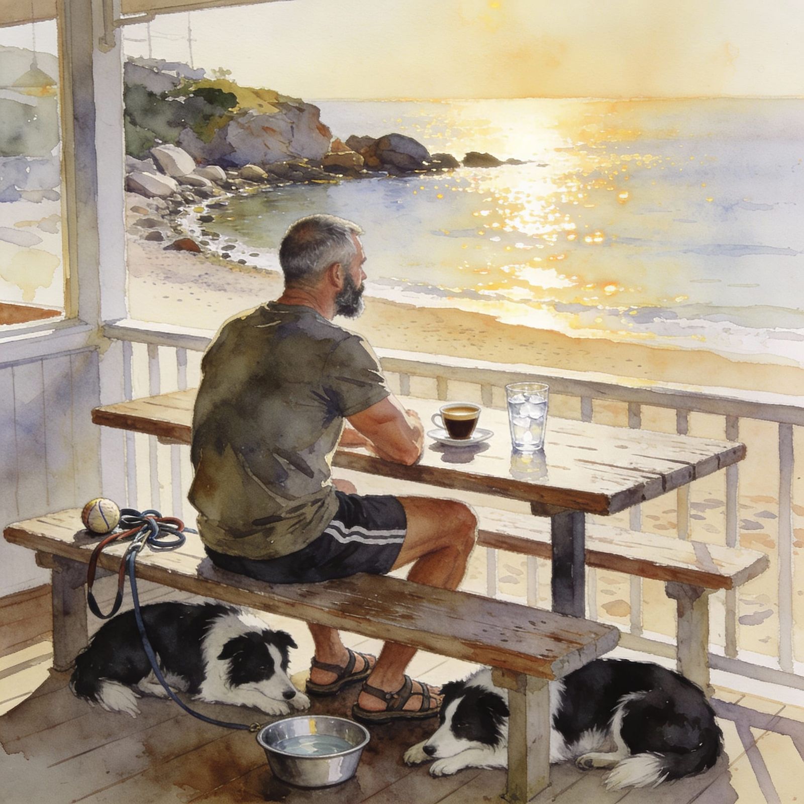 Man with Dogs at Beach Cafe in Watercolor Style