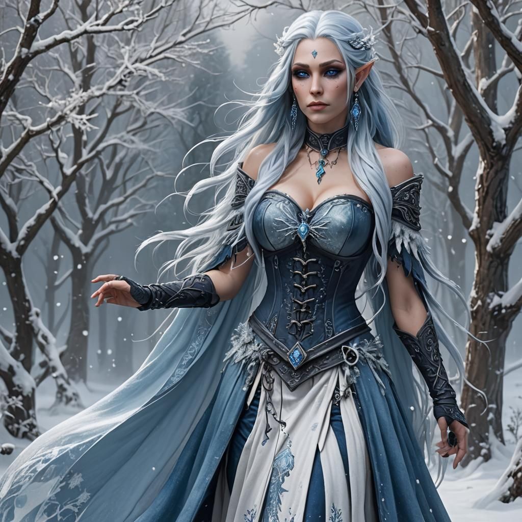 Winter Eladrin Bard with Blue Skin and Tattoos