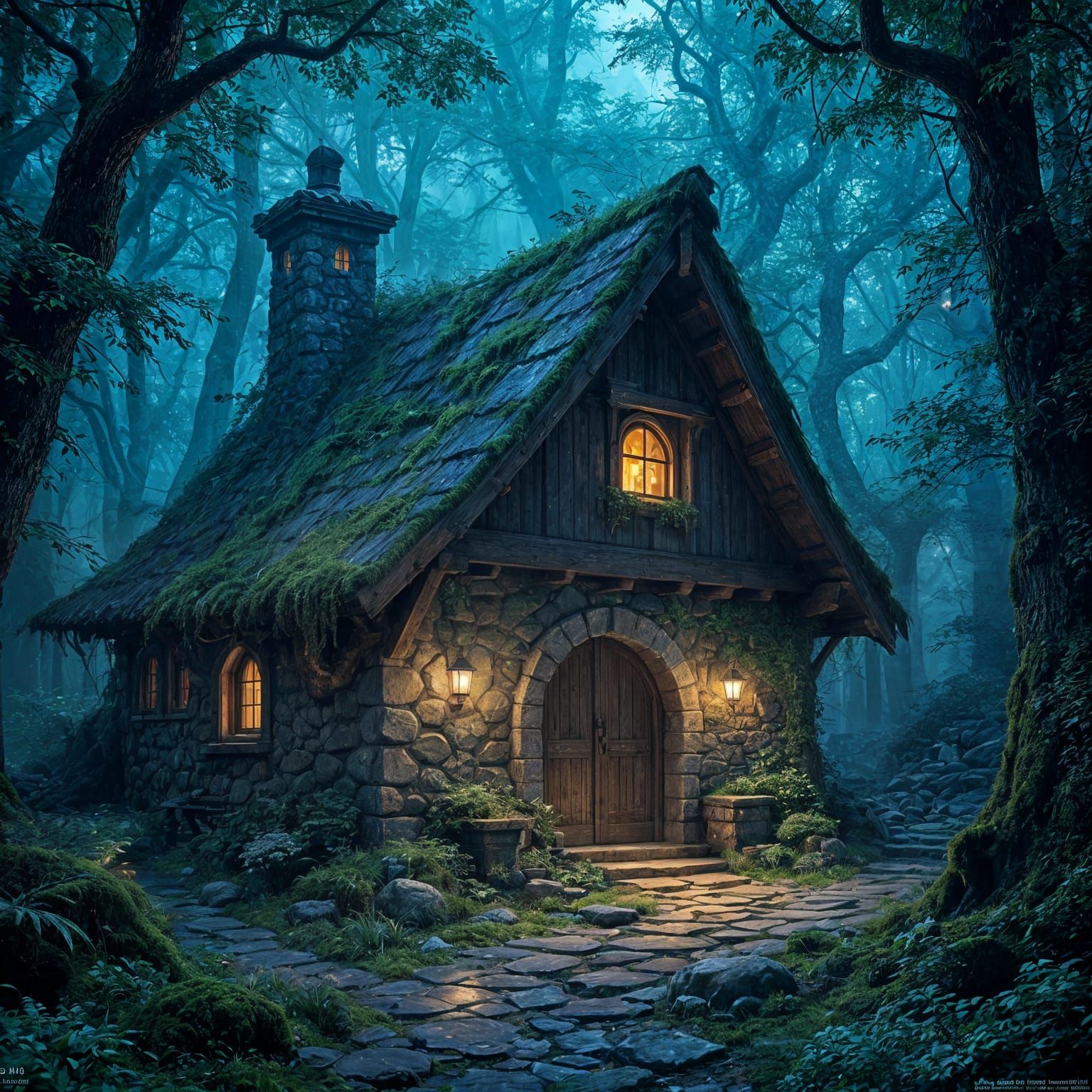 Mossy Stone Tavern in Bioluminescent Forest