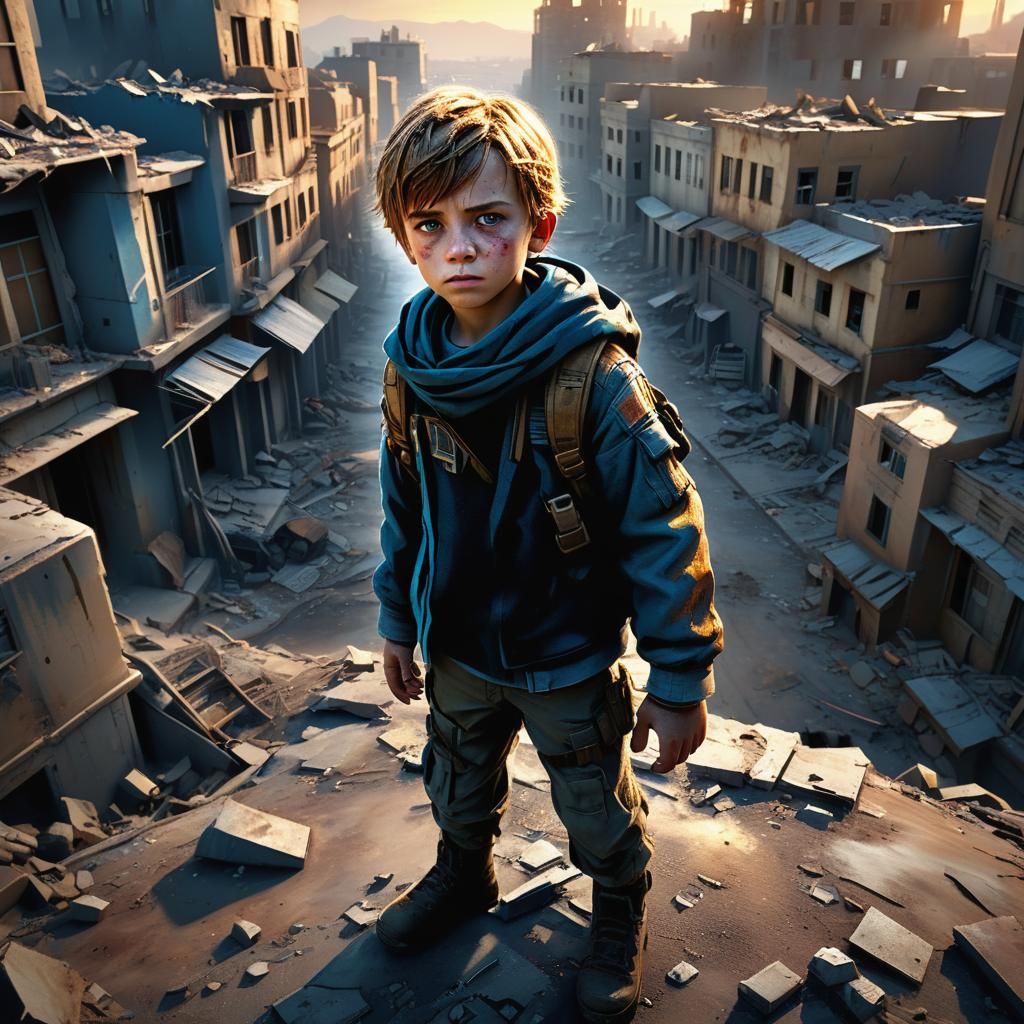 War Child in Desolate Cityscape: Cinematic 3D Art