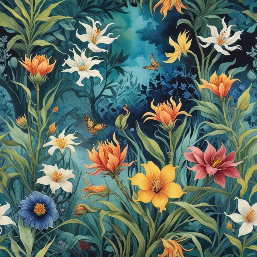 Exotic Garden Blooms in Vibrant Watercolor