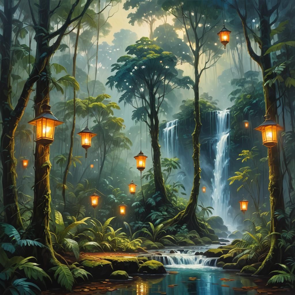 Impressionist Rainforest Waterfall in Van Gogh Style