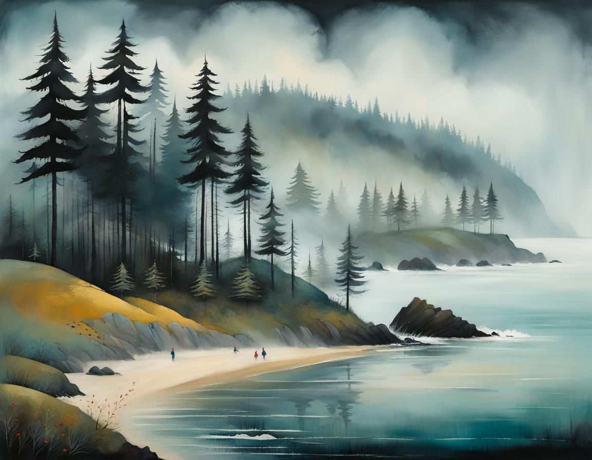 Magical Foggy Beach Illustration with Fir Trees
