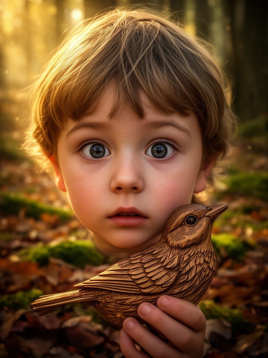 Child Holding Wooden Bird in Sun-Dappled Forest