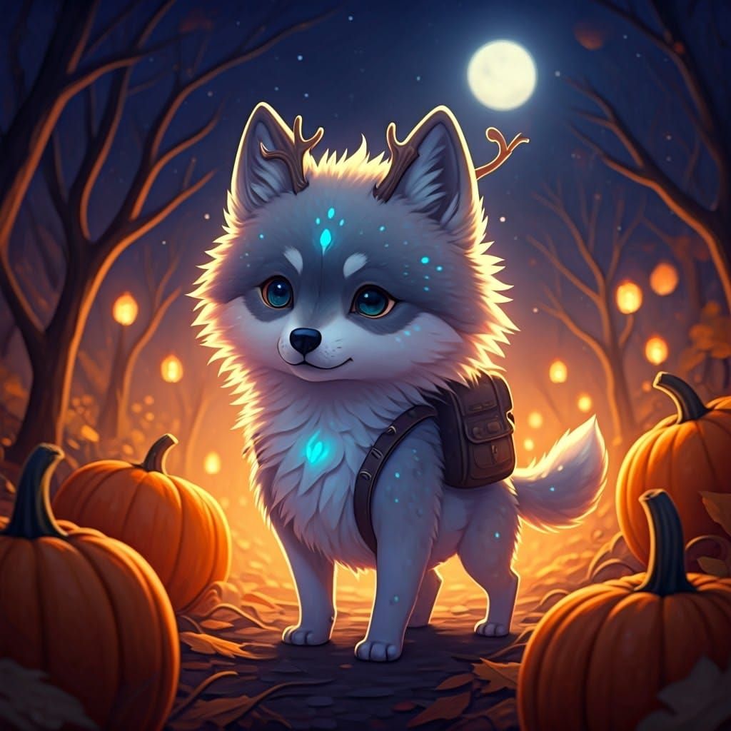 Chibi Wolf in Pumpkin Patch Anime Art