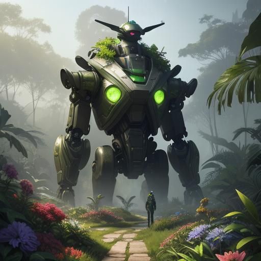 Robot Gardener in Lush Fantasy Garden