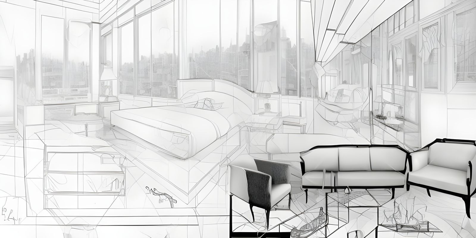 Modern Apartment Interior Pencil Sketch with City View