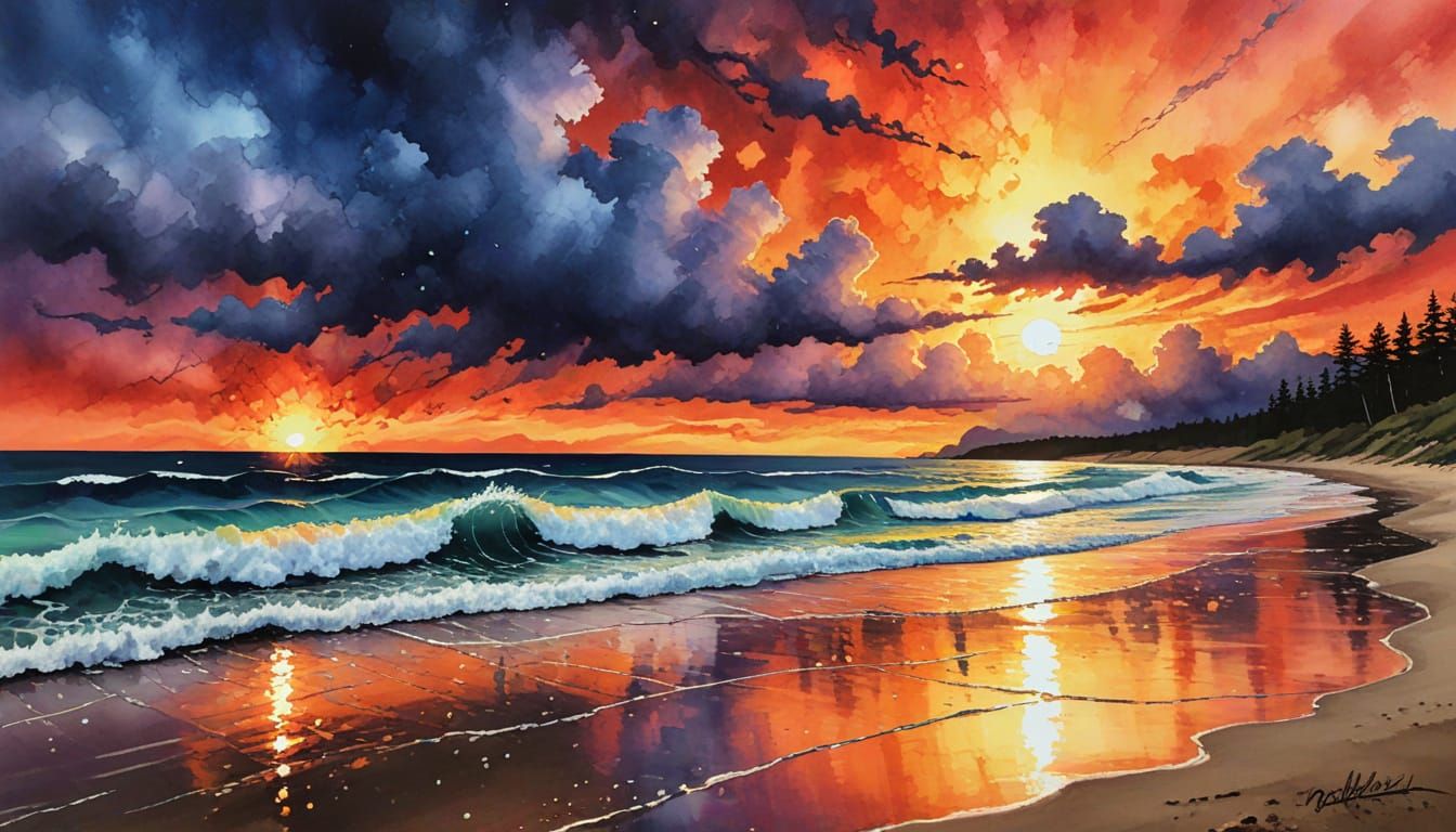 Sunset Beach Storm in Pointillism Alcohol Ink