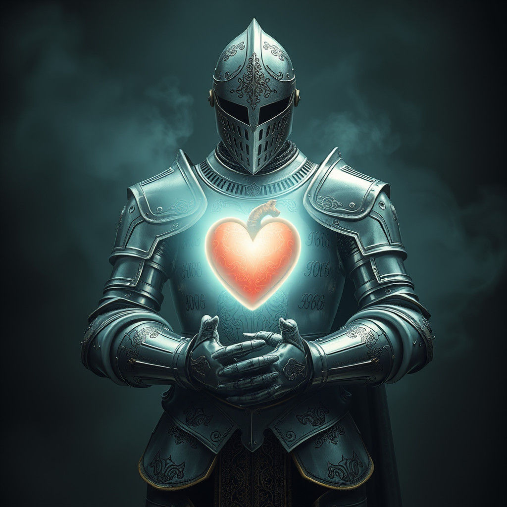 Medieval Armor Holds Glowing Heart with Mystical Radiance