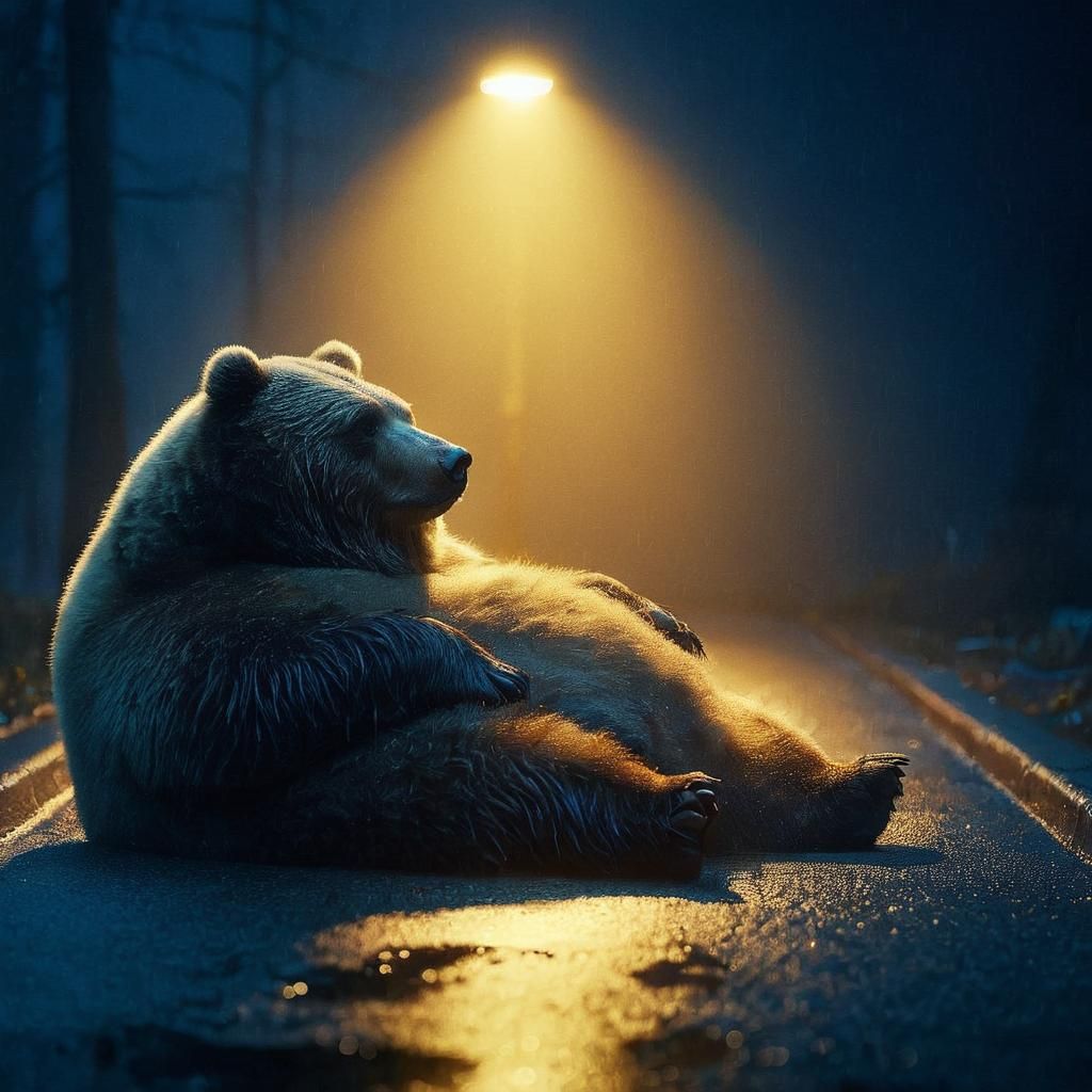Obese Kodiak Bear Relaxing Under Street Light