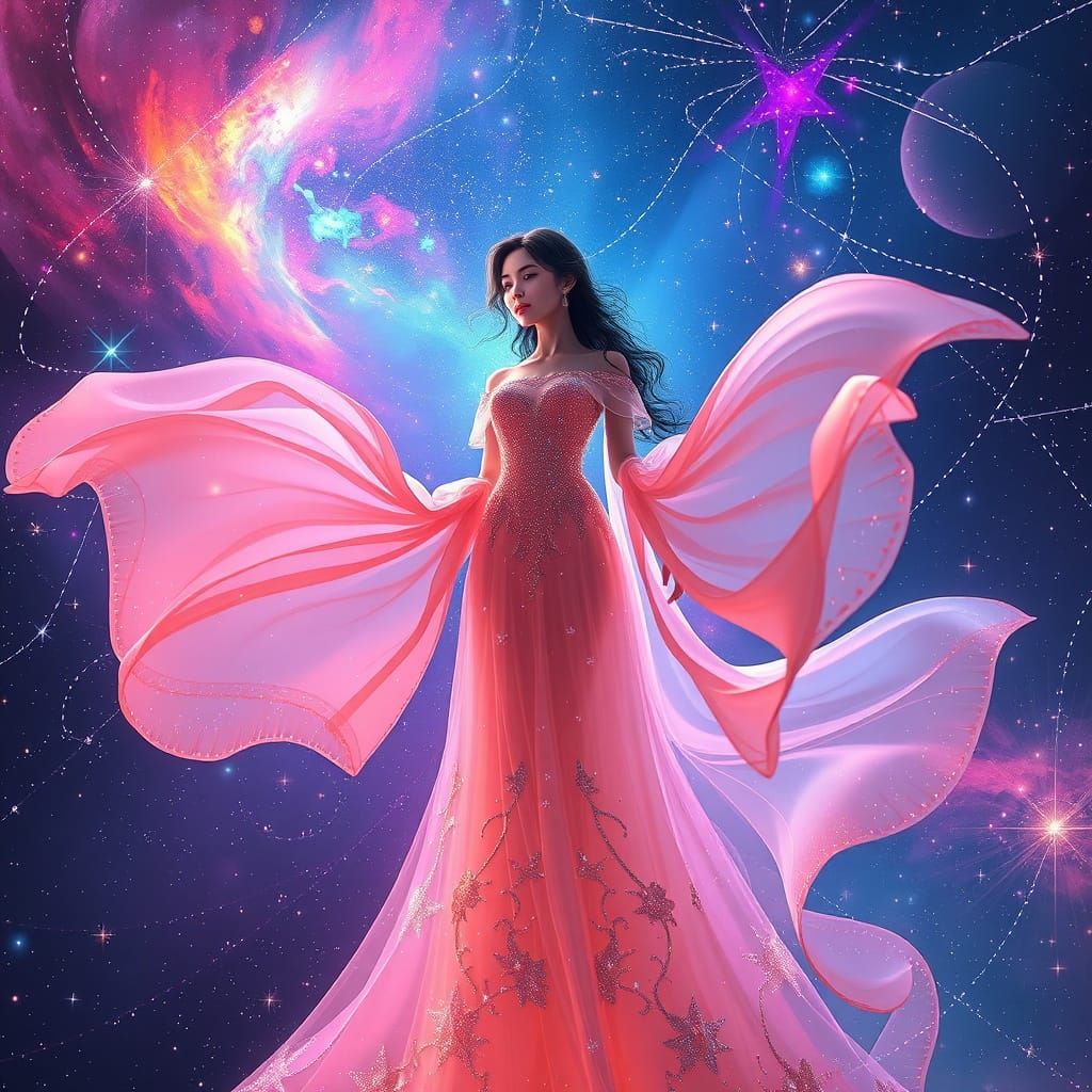 Celestial Woman in Starry Cosmos: Digital Anime Art