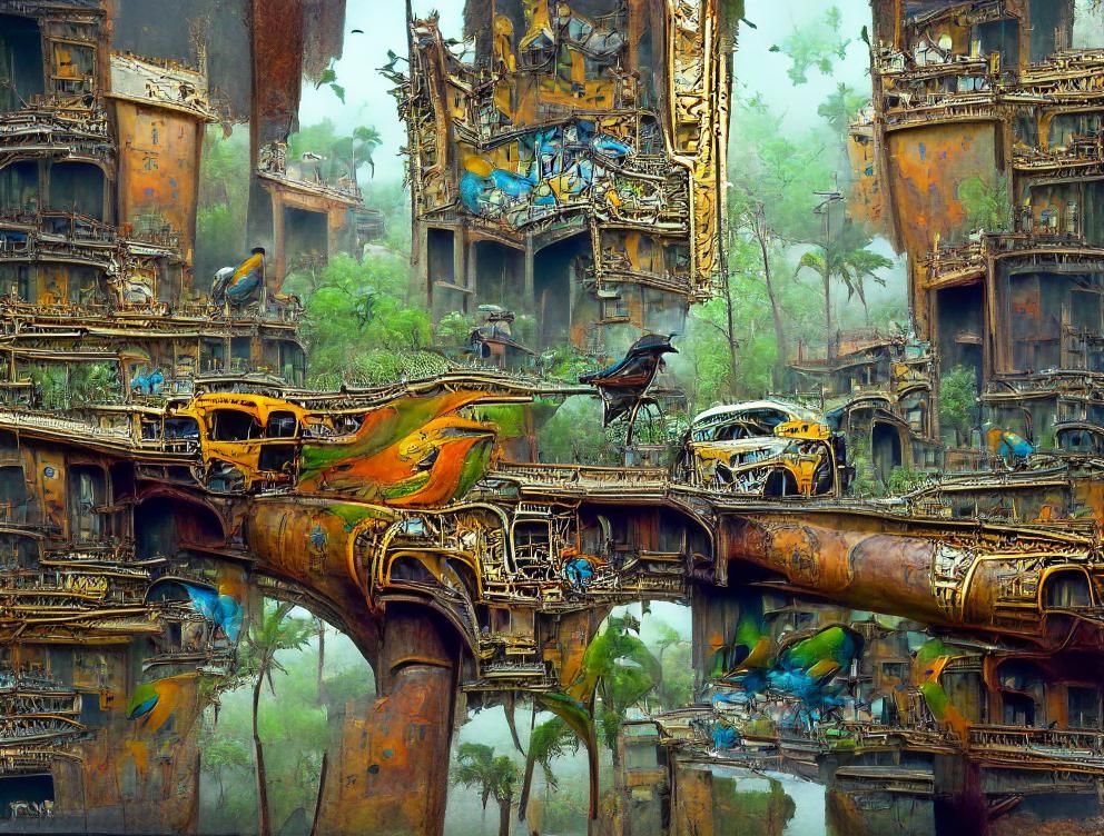 Tropical Rust City Concept Art in Oil Painting Style
