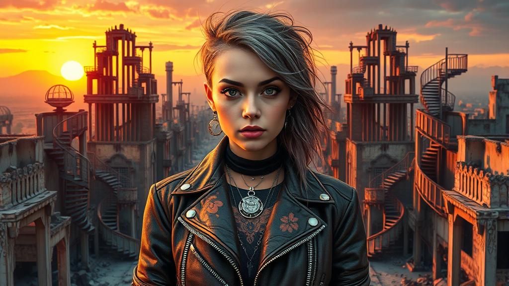 Punk Rocker in Decaying Cityscape, as Oil Painting