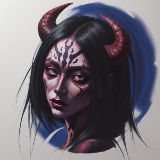 Beautiful Demon Woman in Gouache Style