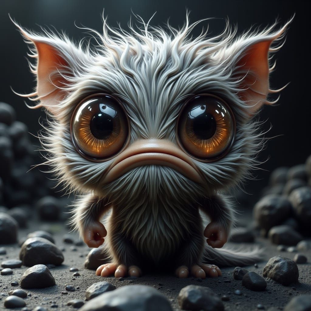 Cute Furry Creature with Sad Marble Eyes