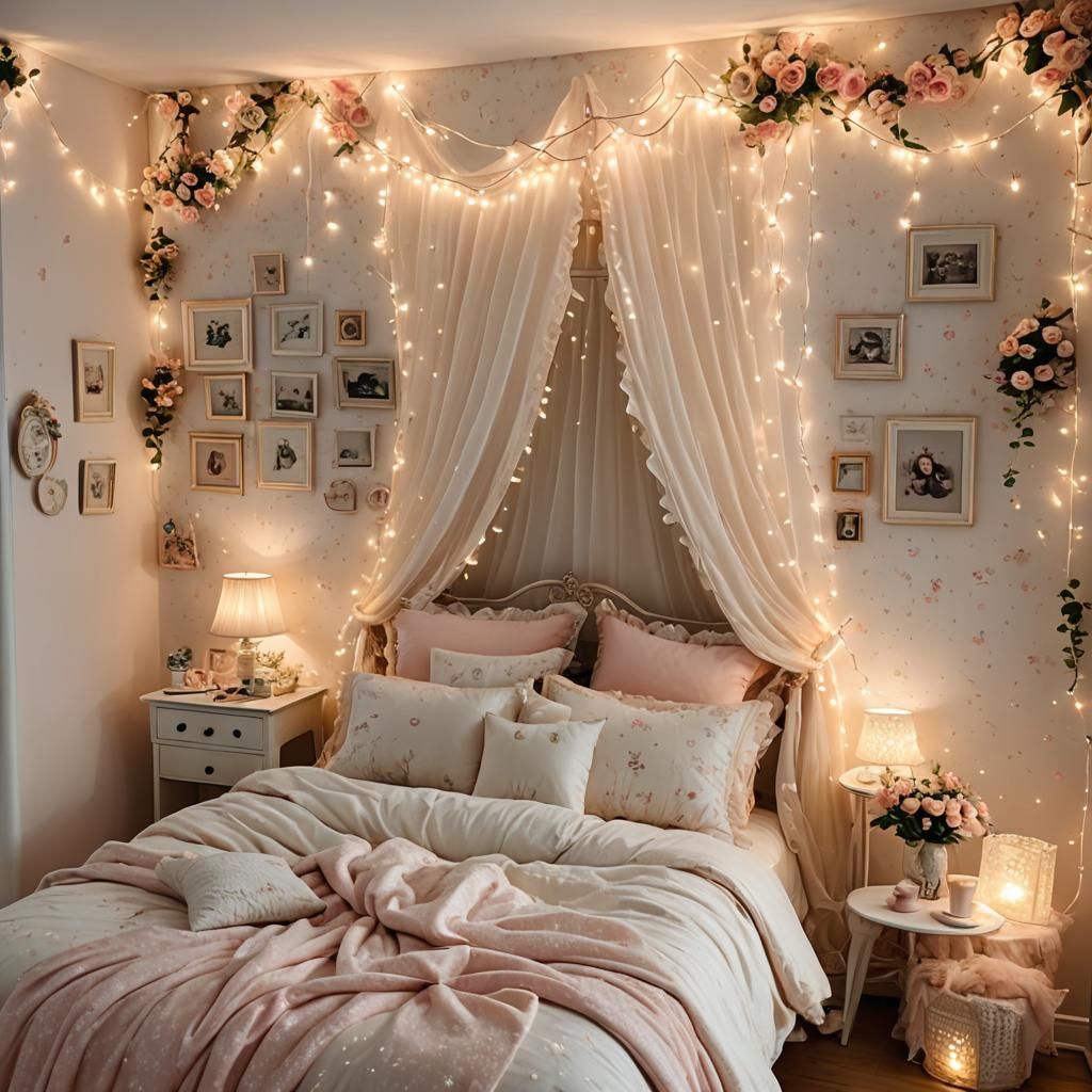 Cozy Vintage Bedroom with Fairy Lights and Floral Wallpaper
