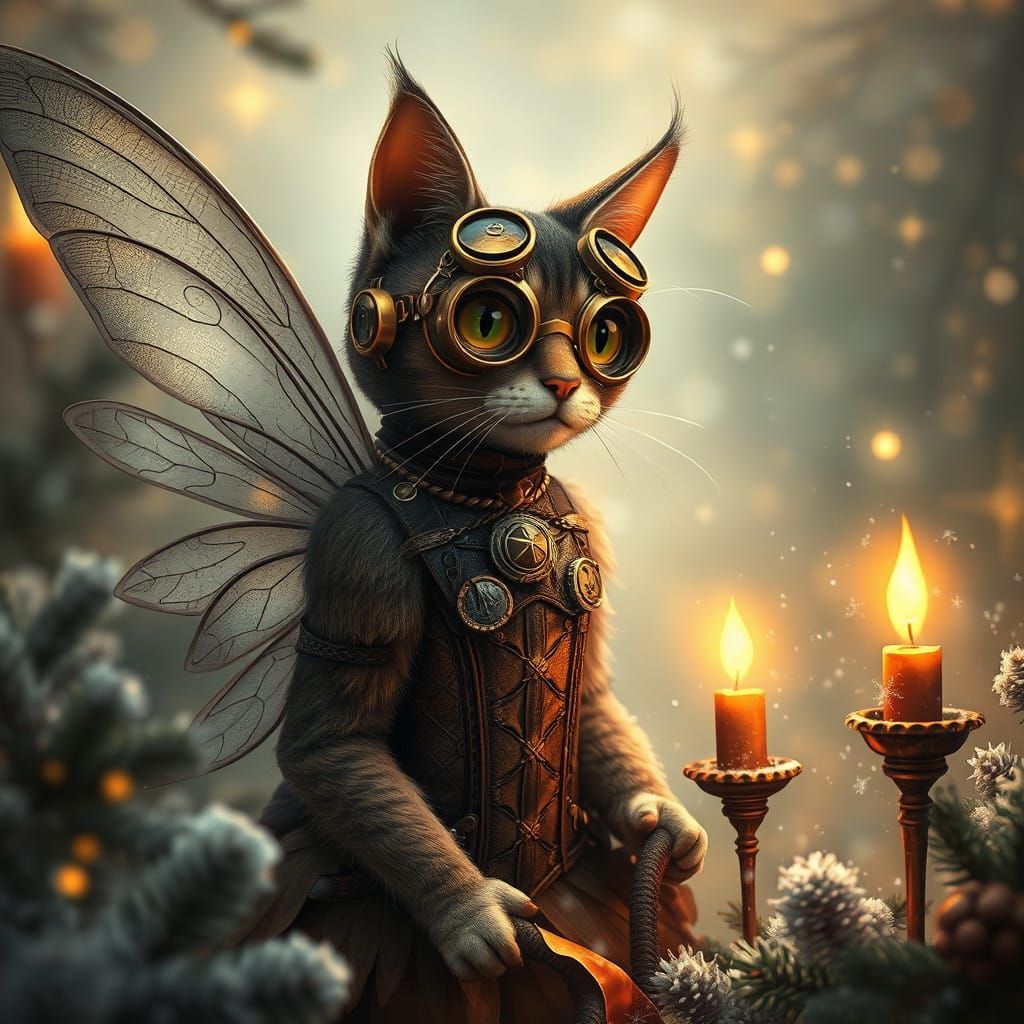 Steampunk Christmas Cat Fairy Amidst Whimsical Wonders