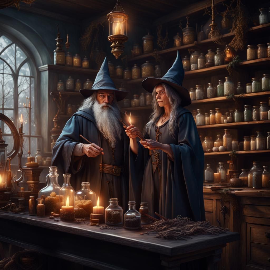 Wizard and Witch Creating Spells in Apothecary