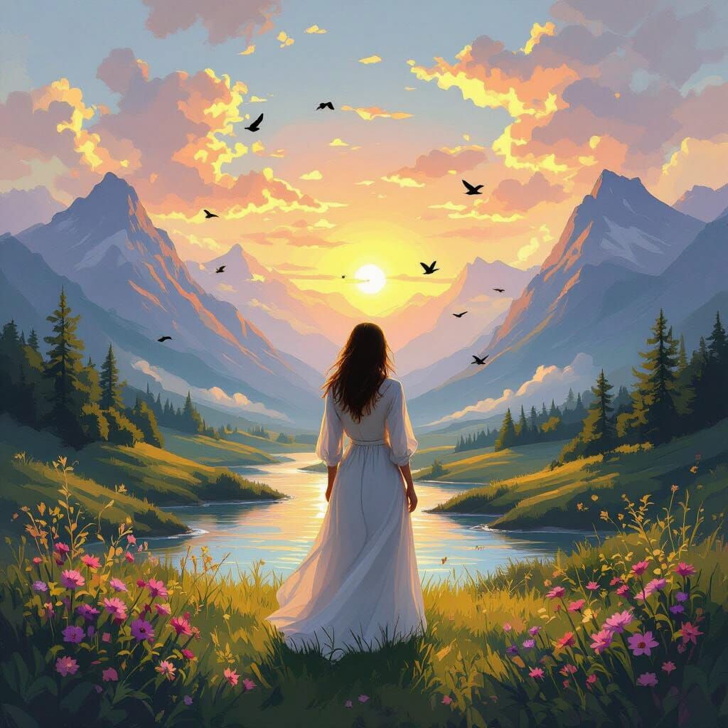 Serene Woman in Lush Landscape: Impressionist Sunrise