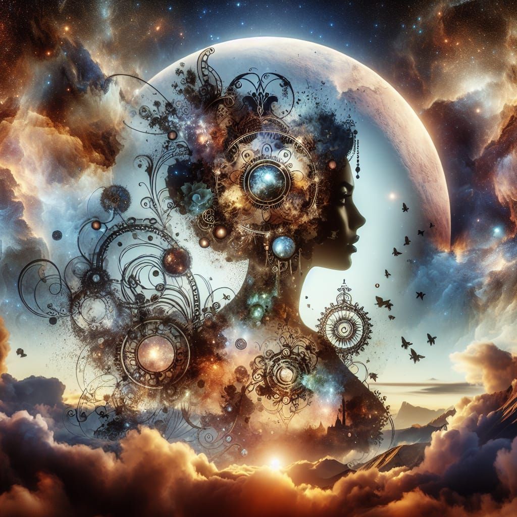 Steampunk Woman in Celestial Double Exposure Art