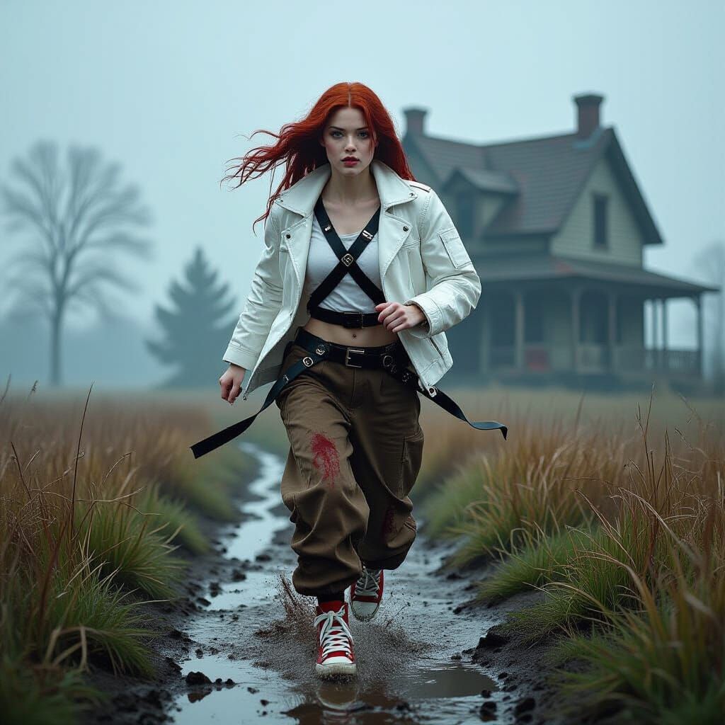 Woman in Muddy Field Runs Towards Bloodstained House