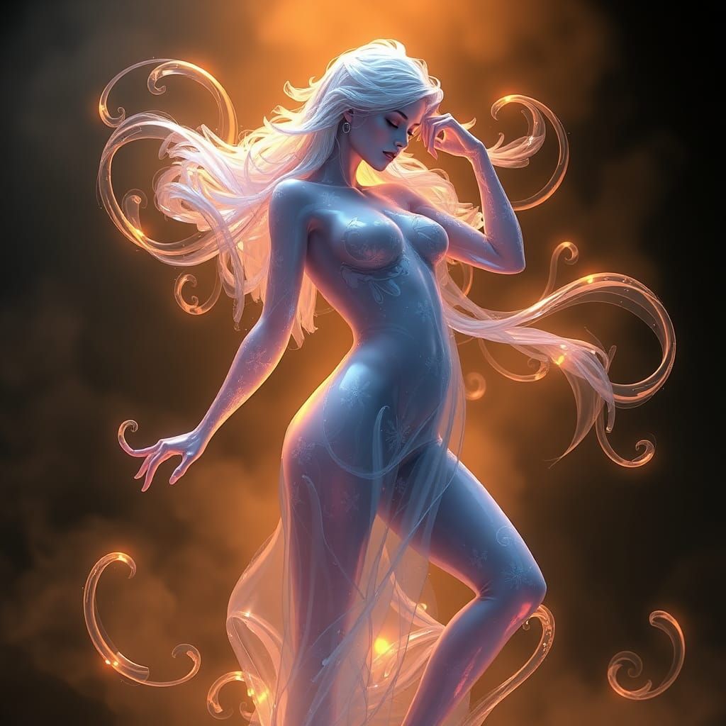 Glass Woman in Smoky Golden Light: 3D Render