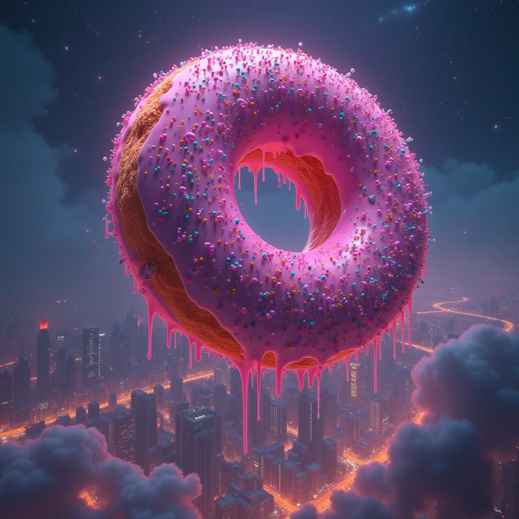 Cyberpunk Donut Metropolis in a Glitching Cosmos