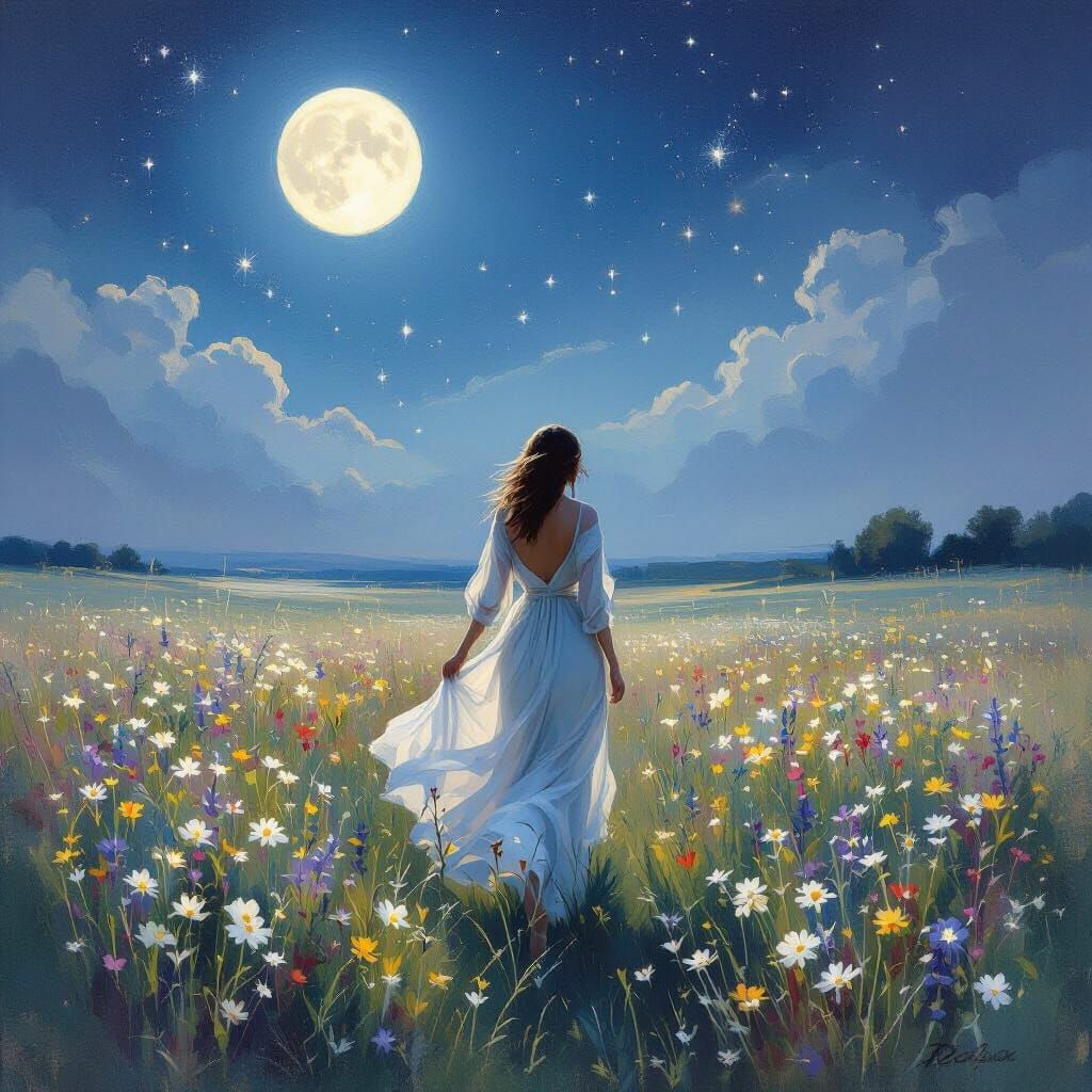 Moonlit Woman in Wildflower Field: Dreamy Impressionist Pain...