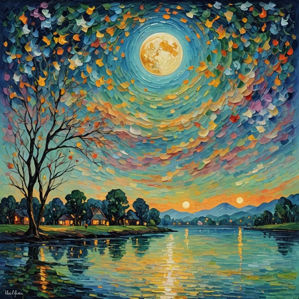 Summer Moon in Neo-Impressionist Oil Painting