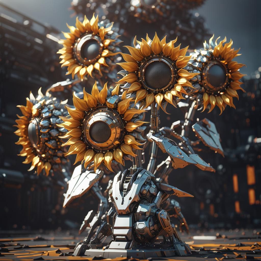 Futuristic Metal Sunflowers with Intricate Mech Details