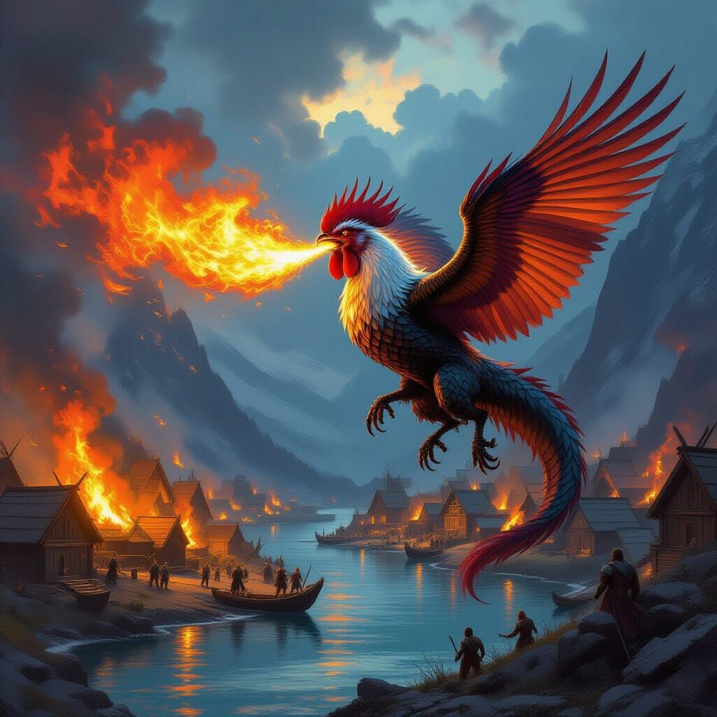 Wyvern Rooster Attacks Viking Village with Fire