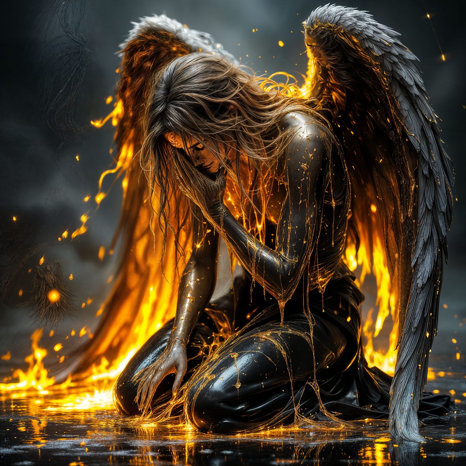 Fallen Angel Kneeling in Sorrow with Molten Gold