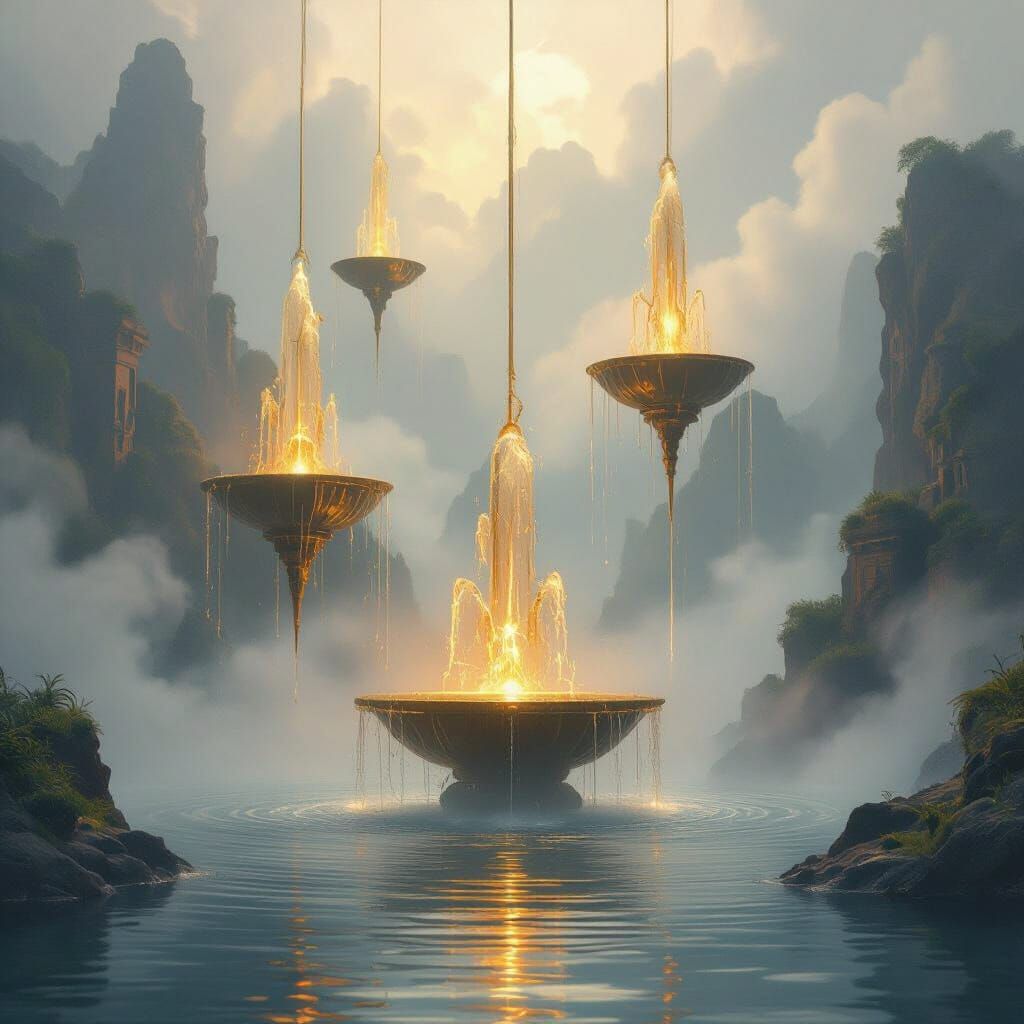 Golden Fountains Hovering in Mystical Fog