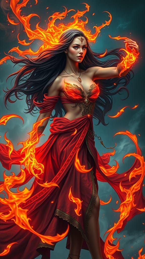 Sorceress Enveloped in Blazing Garments, Mystic Power Radiat...