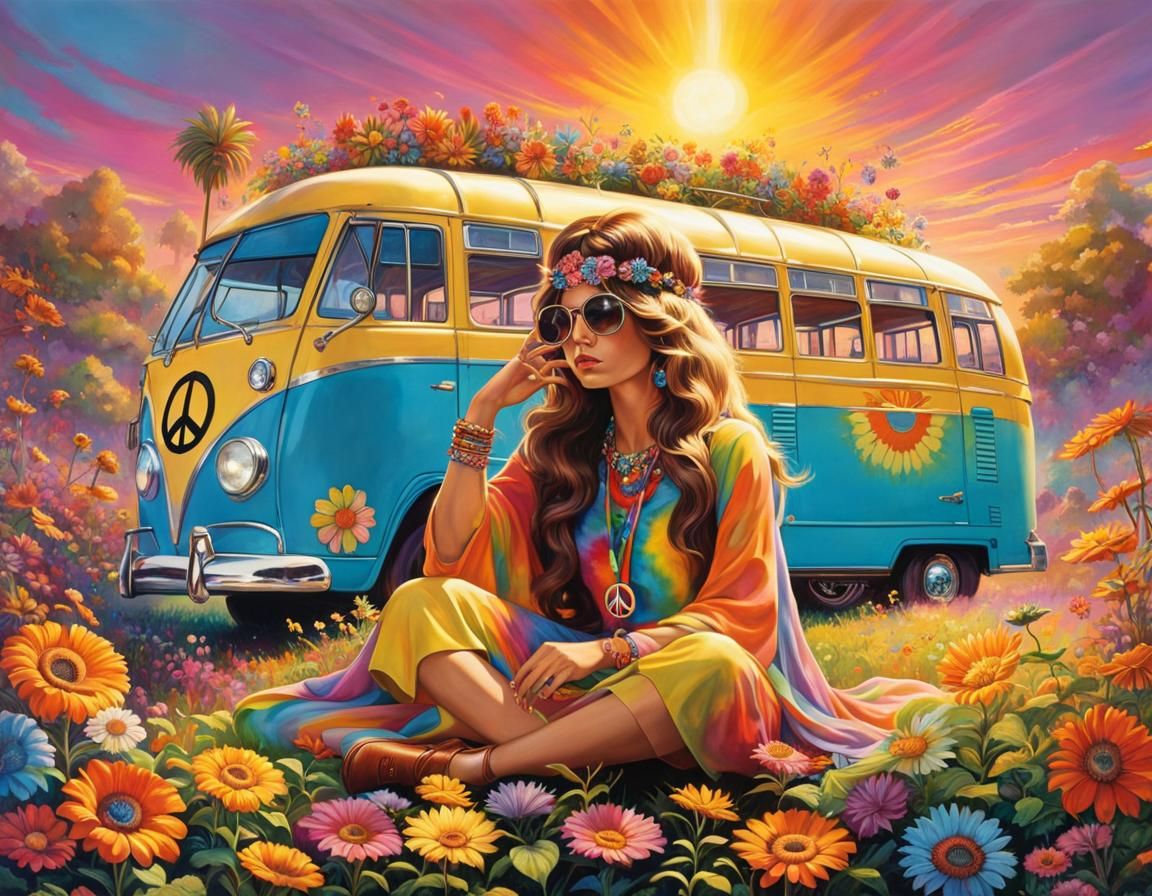 Coed Hippies by Psychedelic Bus at Magic Hour