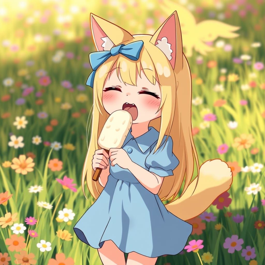 Whimsical Anime Catgirl Enjoys Sweet Treat in Blooming Field