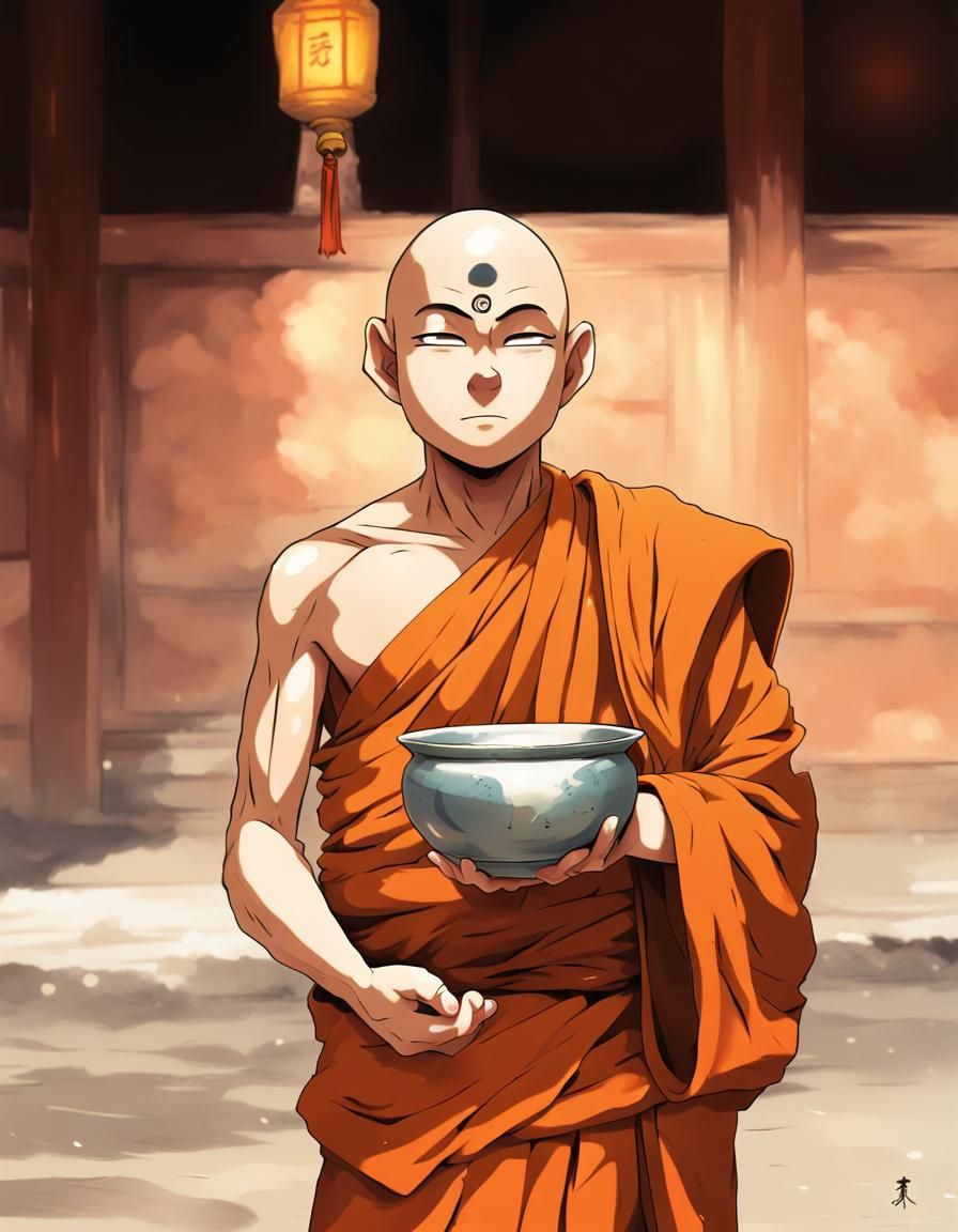 Anime Style Buddhist Monk with Begging Bowl