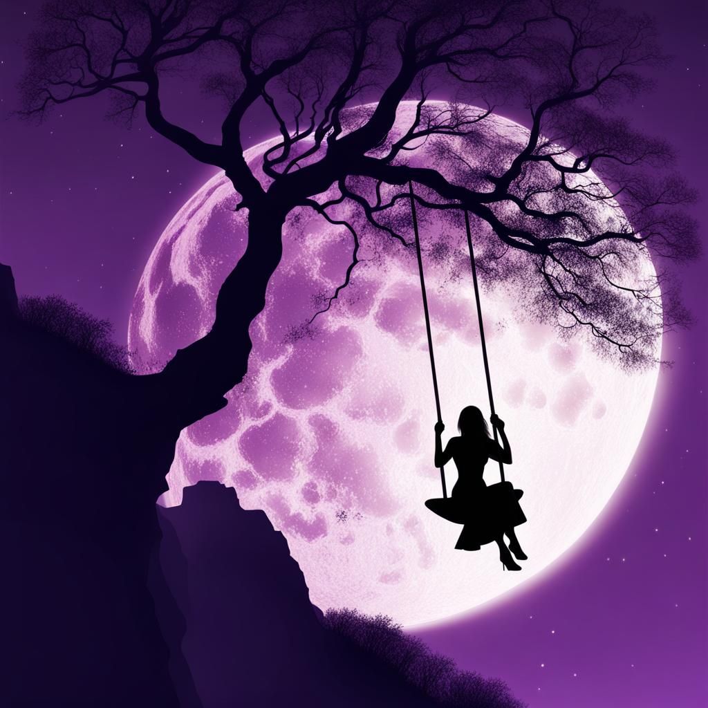Woman Swinging from Tree Under Full Moon