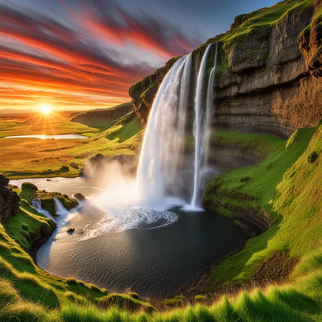 Vibrant Sunset Behind Seljalandsfoss Waterfall