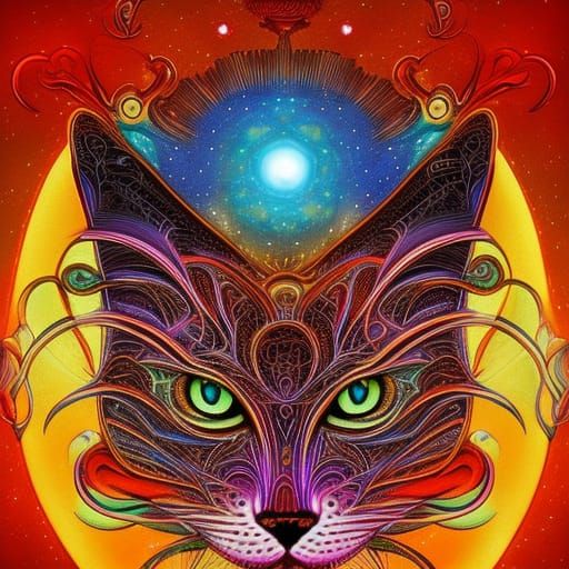 Mystical Two-Headed Galactic Cat in Astral Illustration