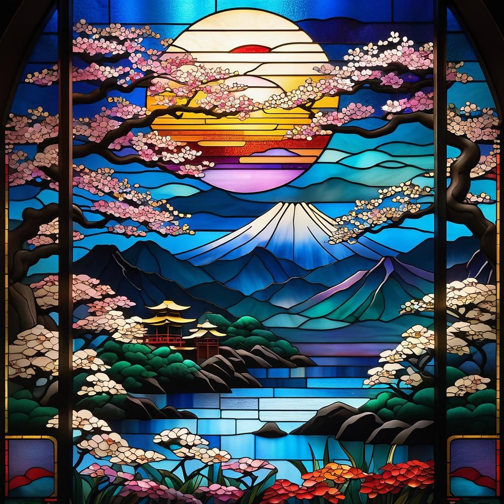 Stained Glass Japanese Landscape in 3D Render