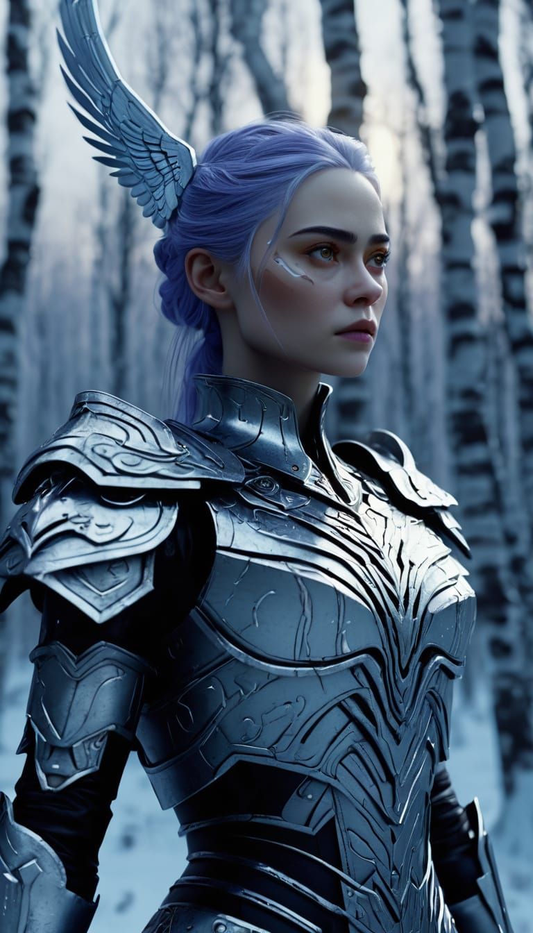 Gothic Valkyrie in Snow-Covered Birch Forest, in Marionette-...