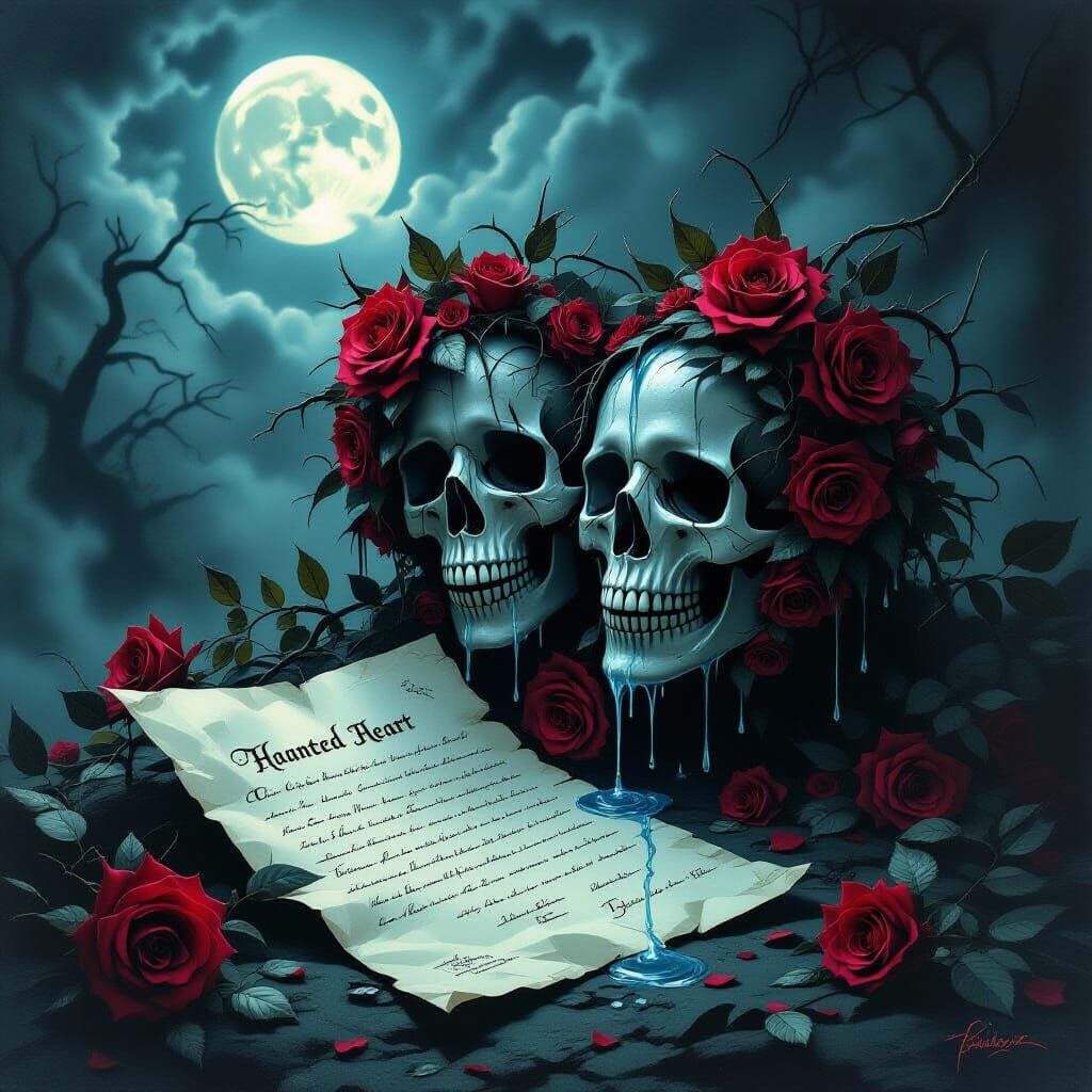 Haunted Heart with Skeletal Roses in Eerie Moonlight
