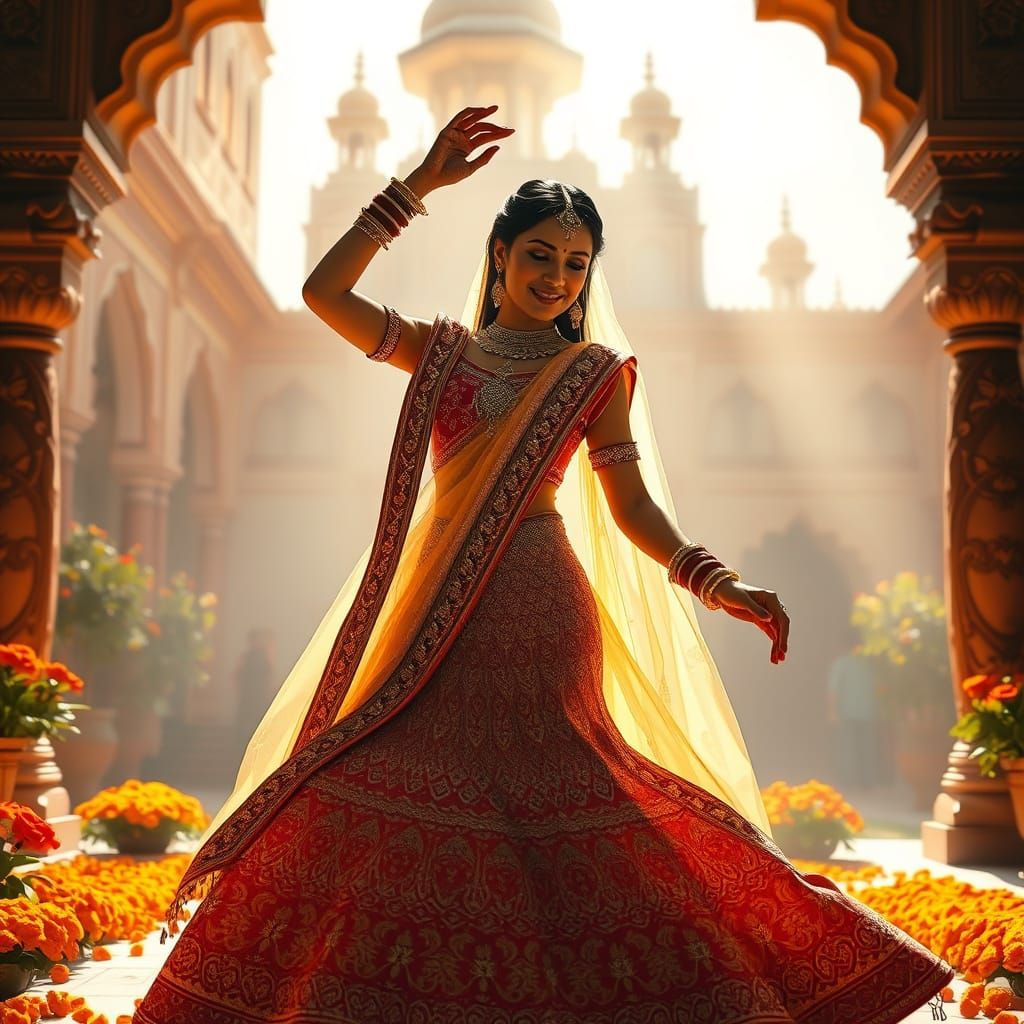 Joyful Indian Bride Dancing in Sunlit Courtyard