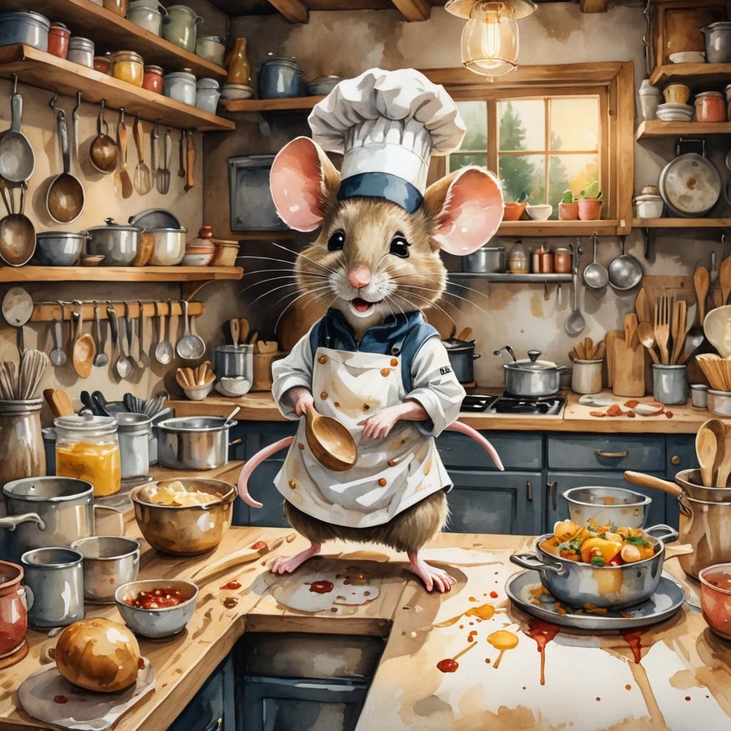 Mouse Chef in Watercolor Kitchen Illustration