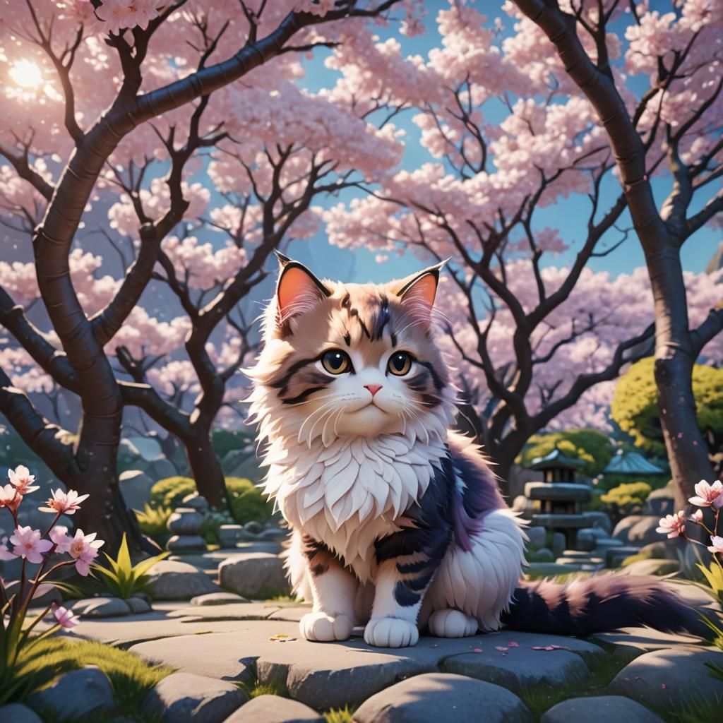 Chibi Cat in Japanese Garden: Digital Matte Painting