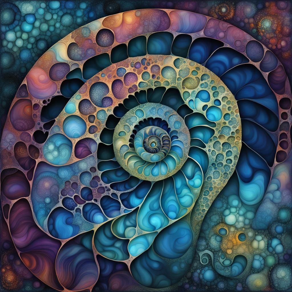 Fractal Nautilus Tessellations in Dark Surrealist Style